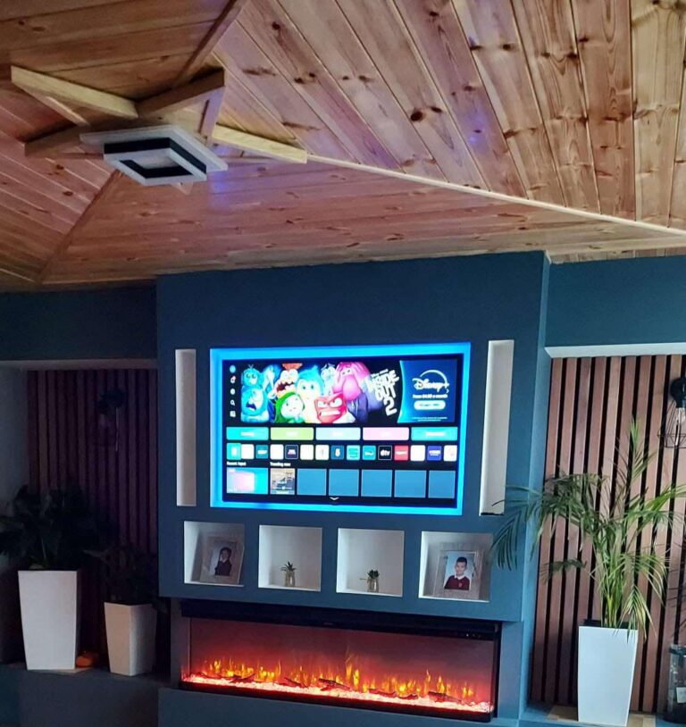 New Media Wall with TV, Fireplace, Wall Panel, and Pine Wood Ceiling Cladding #No.16